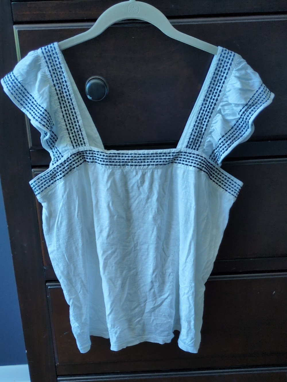 LOFT White Square-Neck Tank with Navy Embroidered Trim And Flutter Straps